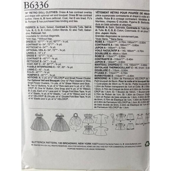 Butterick B6336 Retro Doll Clothes Pattern For 18" Dolls 57 Dresses & Accessorie - Picture 2 of 2